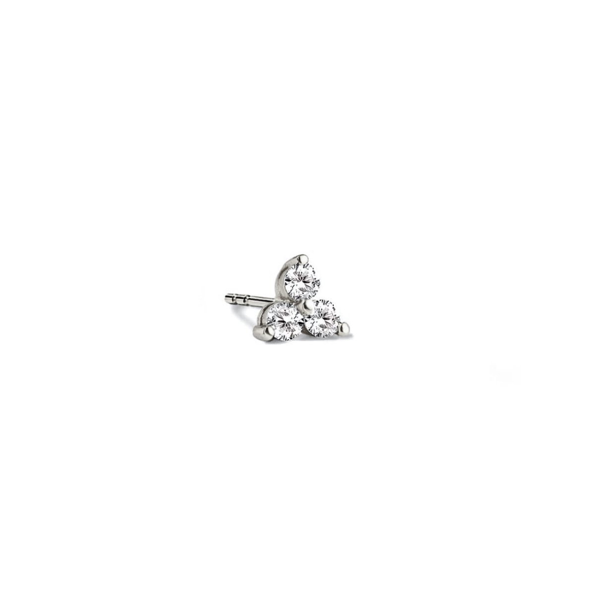 14K white gold three-stone clover stud with clear stones, close-up detail on a white background