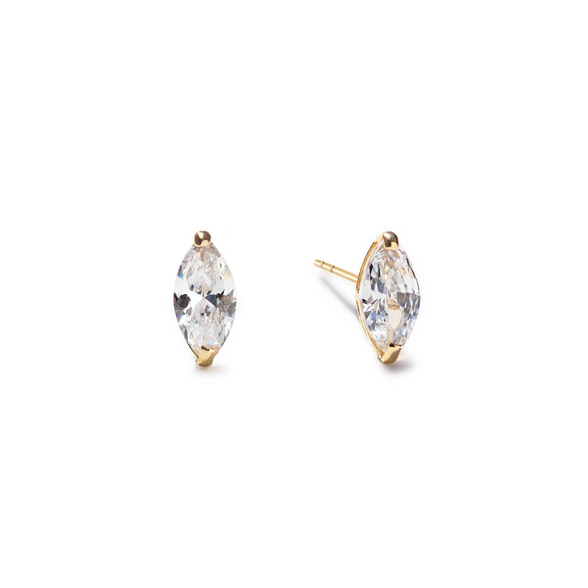 14K gold marquise stud earrings with white zirconia stones, front and side view on a white background
