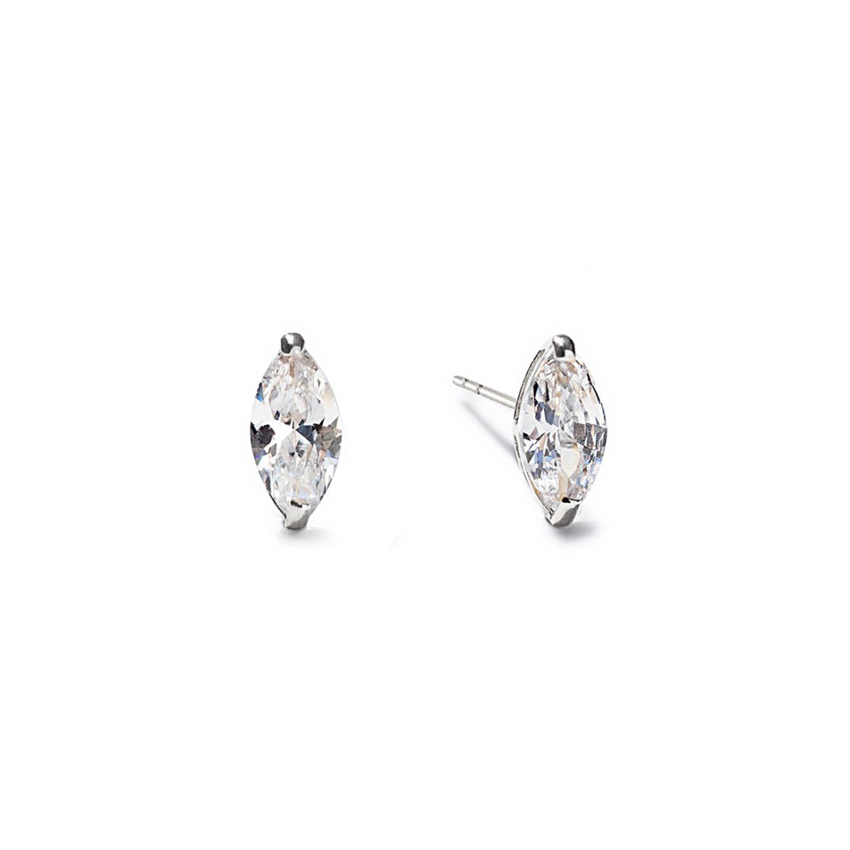 14K white gold marquise stud earrings with clear marquise-cut stones, on a white background