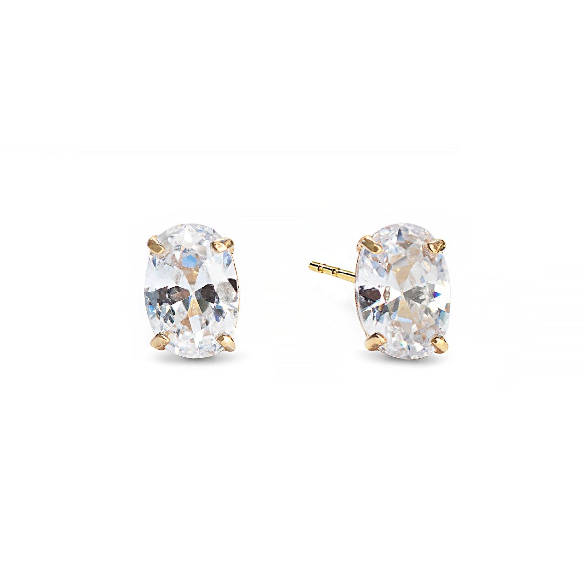 14K gold oval zirconia stud earrings with clear prong-set stones, on a white background