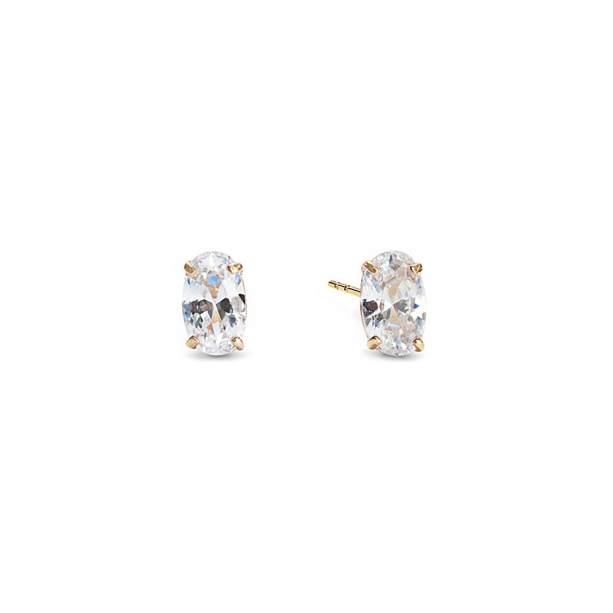 14K gold oval stud earrings with clear white zirconia stones, on a white background