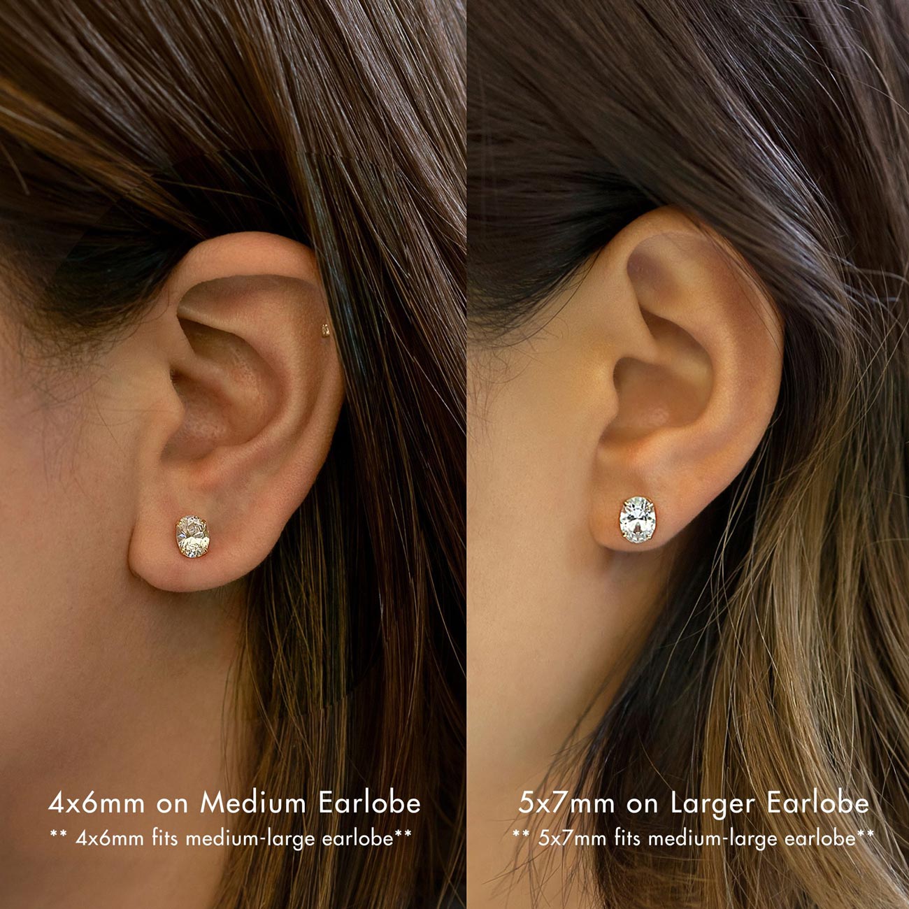 14K white gold oval white zirconia studs on the lobe, 4x6mm and 5x7mm size comparison