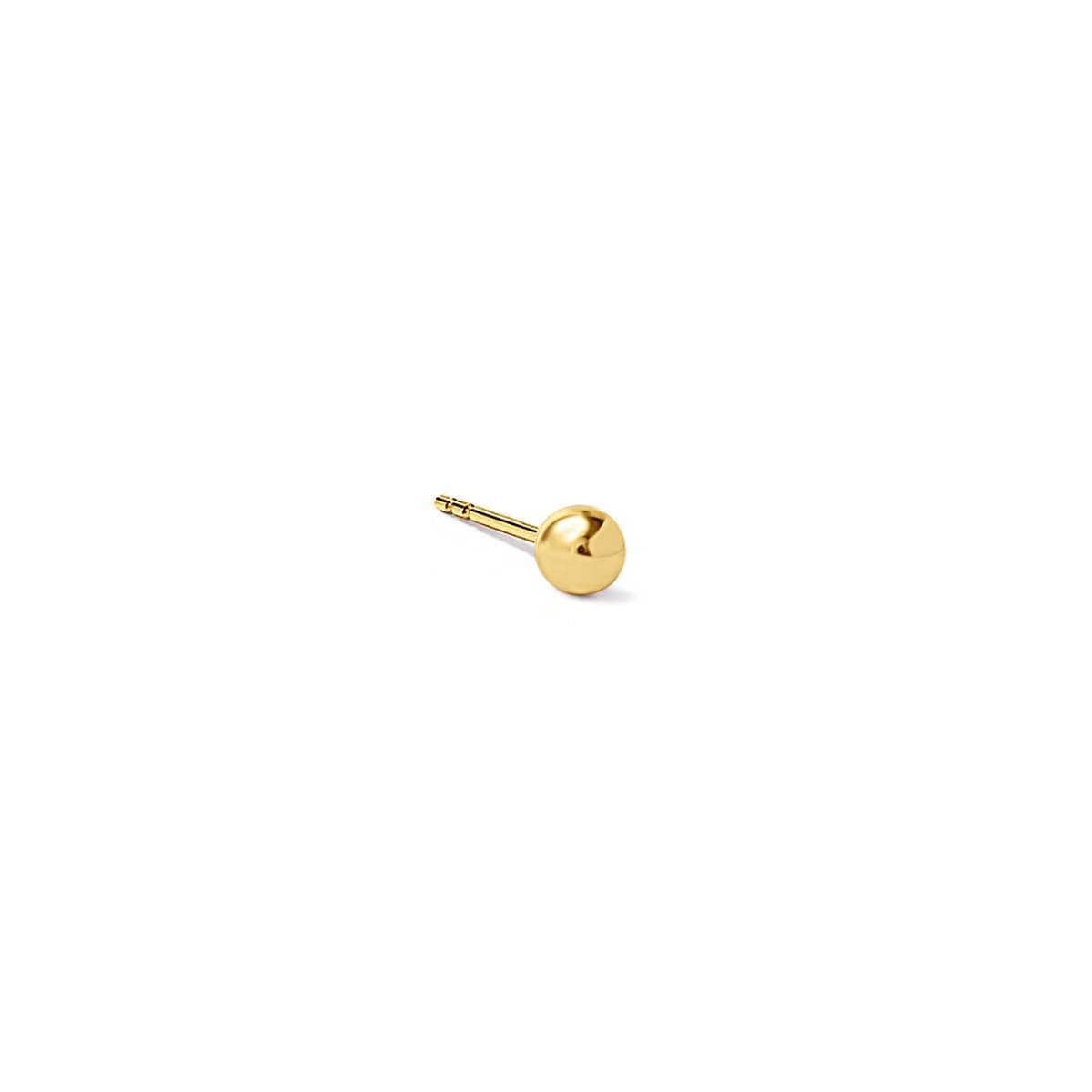 14K gold single tiny ball stud earring with a polished sphere, on a white background