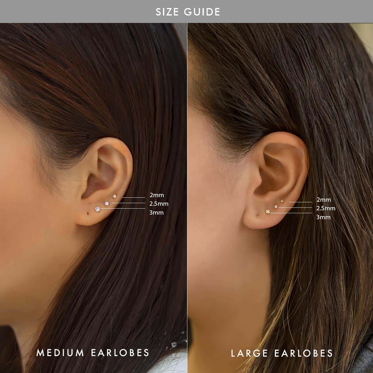 Titanium flat back stud size guide with clear zirconia studs at 2mm and 3mm on a silicone ear
