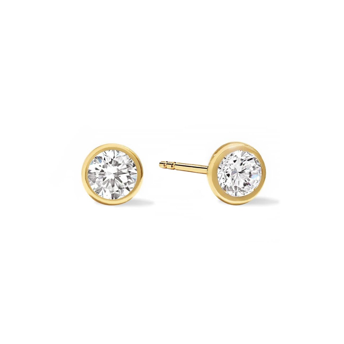 14K gold bezel-set stud earrings with round white zirconia stones, on a white background