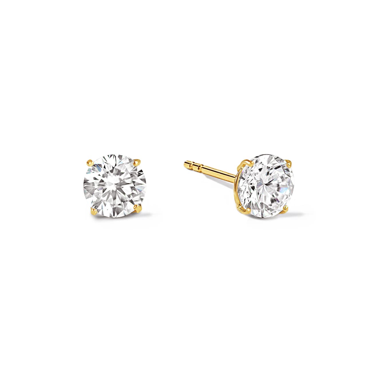 Pair of gold round clear-stone solitaire studs in four-prong settings, on a white background
