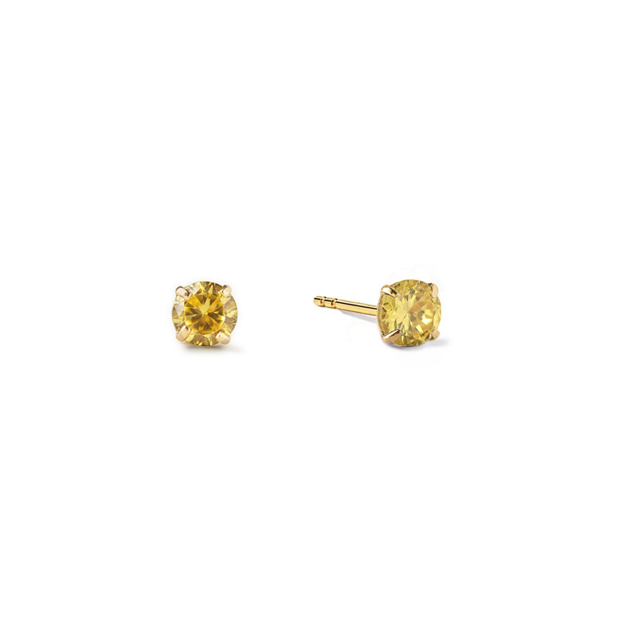 14K gold citrine birthstone tiny studs with round golden-yellow stones, on a white background