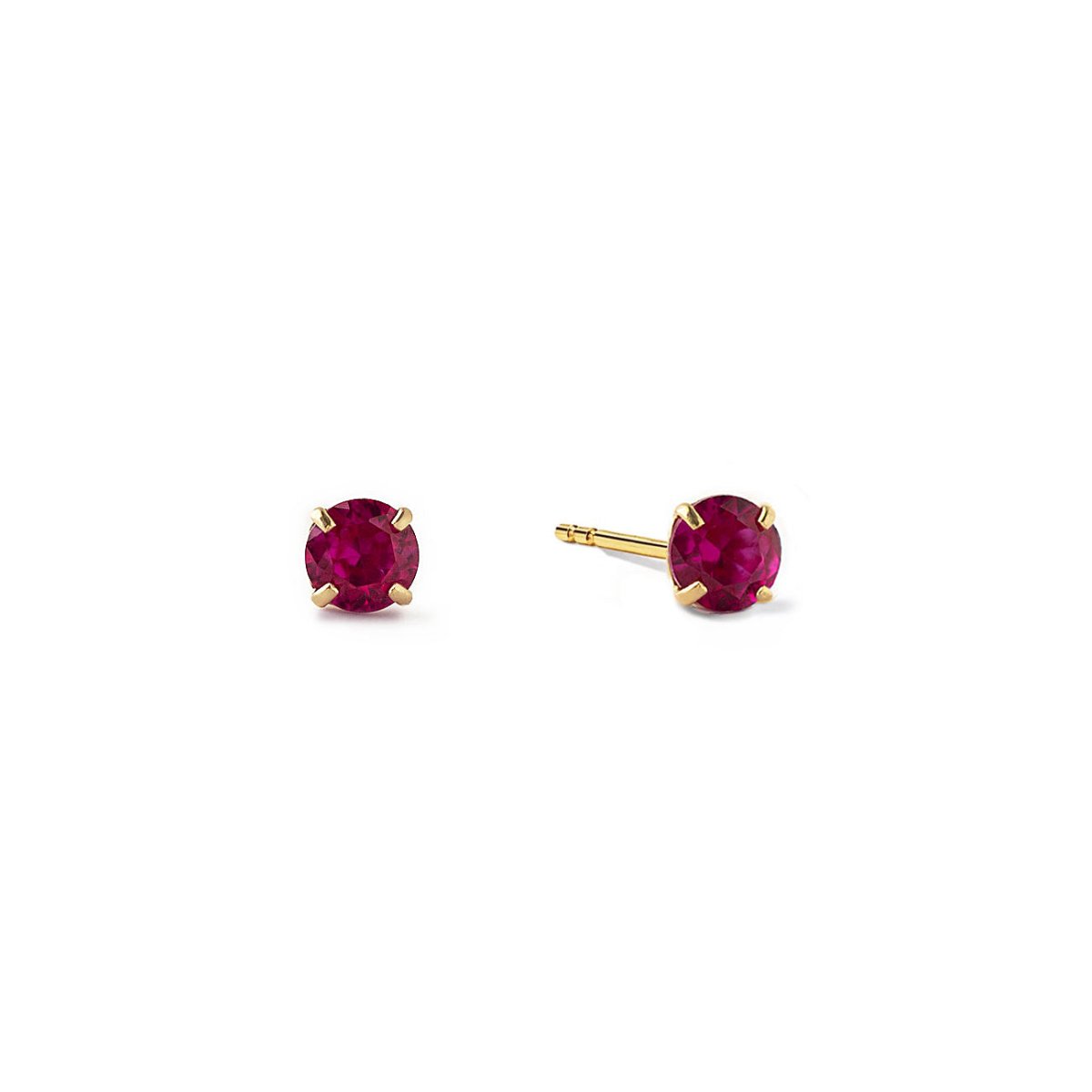 14K gold ruby tiny studs with round red stones in four-prong settings, on a white background