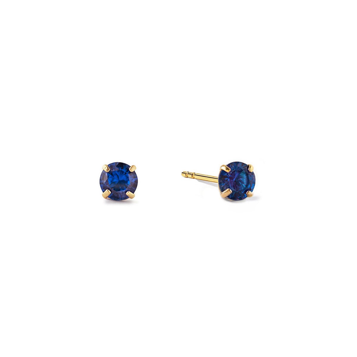 14K gold blue sapphire birthstone tiny studs with round deep-blue stones, on a white background