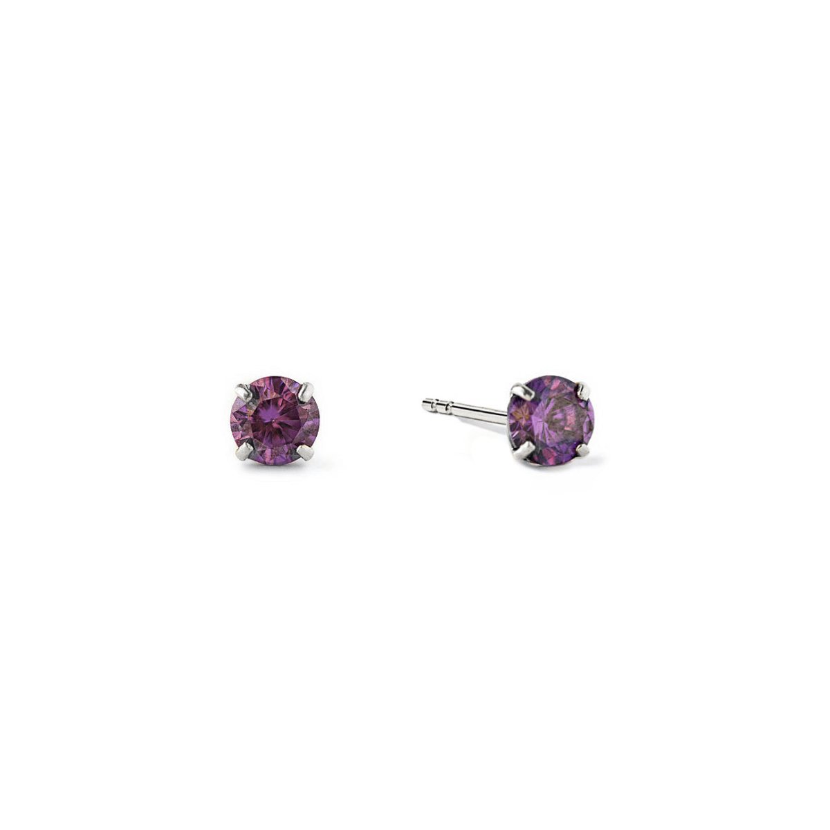 14K white gold tiny alexandrite stud earrings with round purple stones in four-prong settings, on a white background