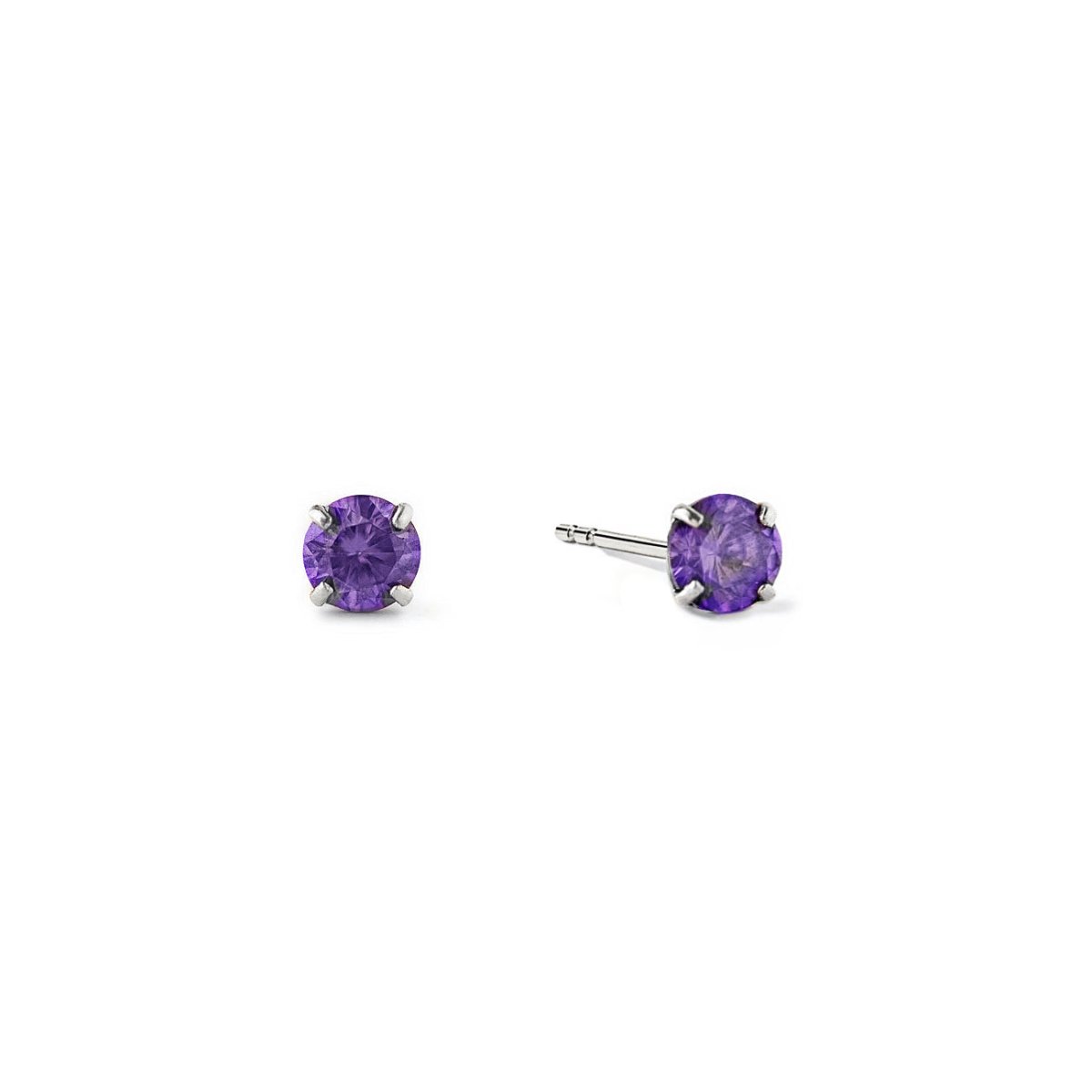 14K white gold amethyst birthstone tiny studs with round purple stones, on a white background