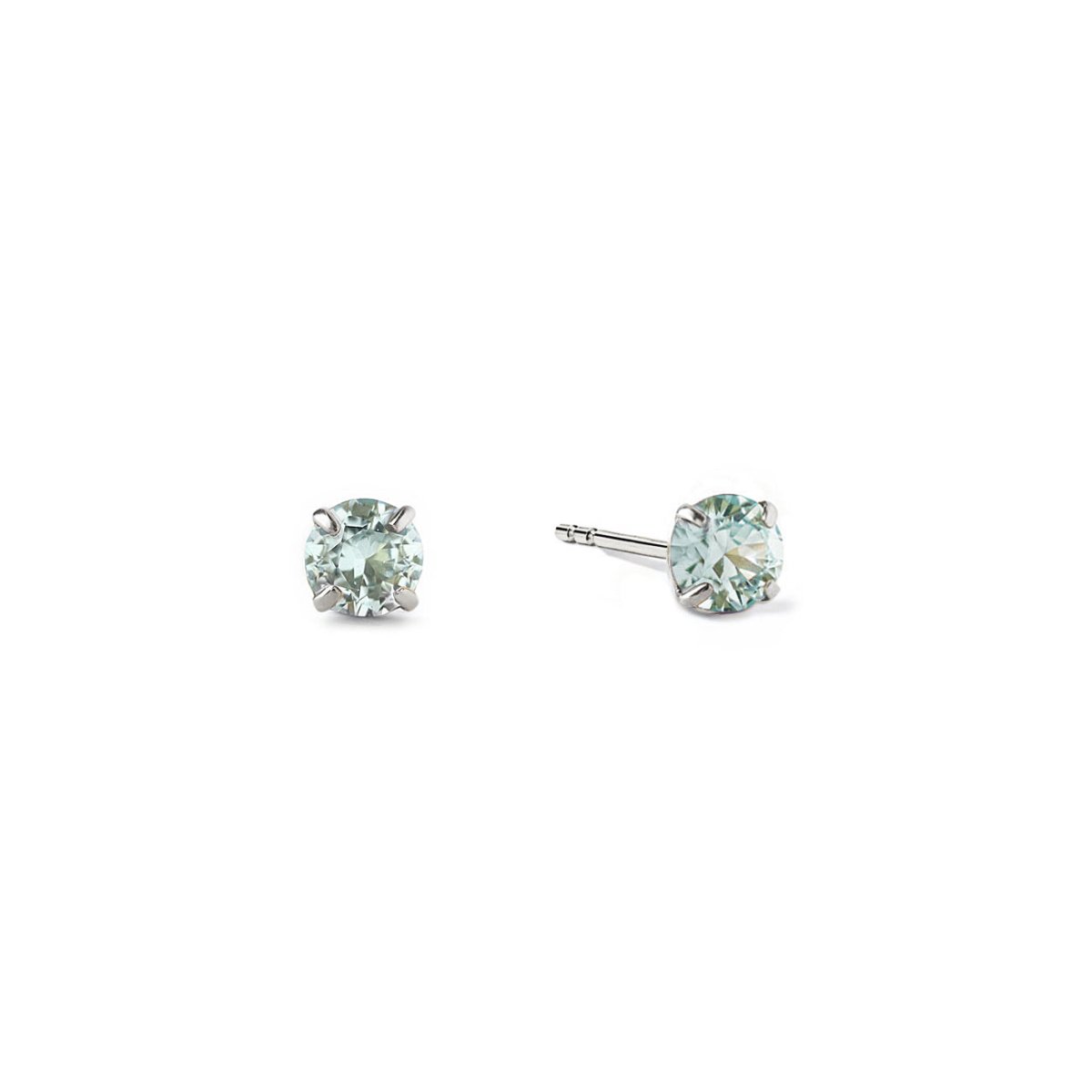 14K white gold aquamarine birthstone tiny studs with round pale-blue stones, on a white background