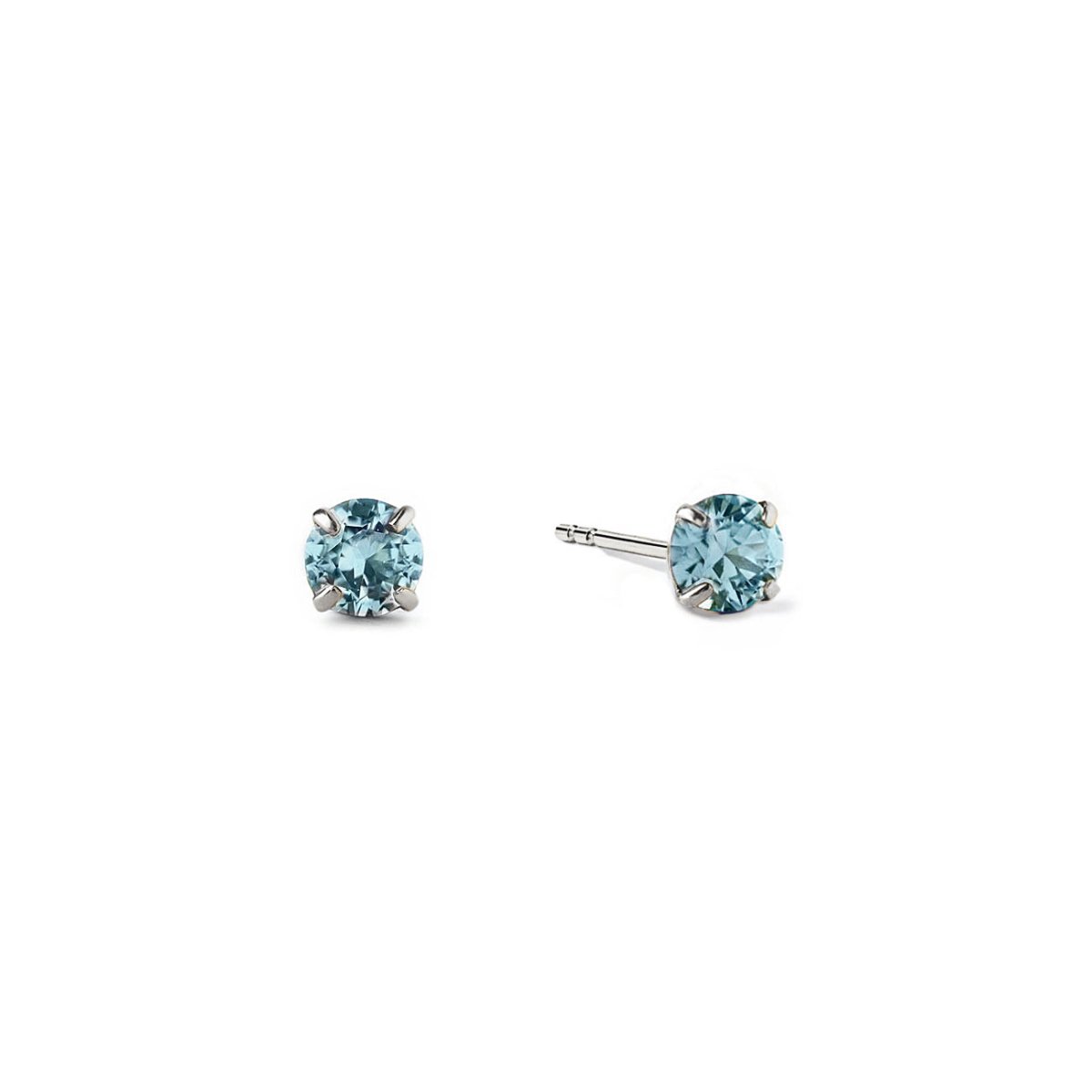 14K white gold blue zircon birthstone tiny studs with round aqua-blue stones, on a white background