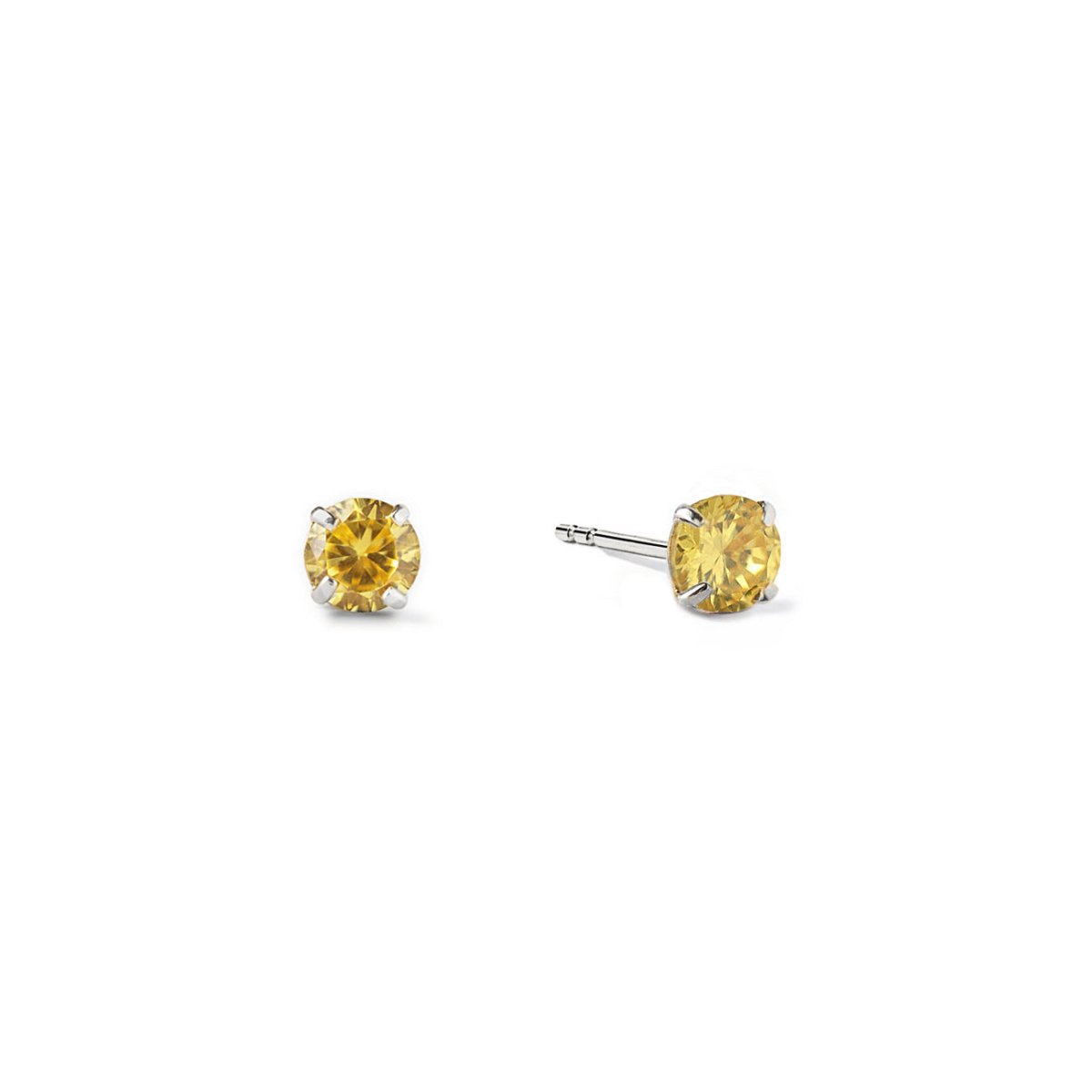 14K white gold citrine birthstone tiny studs with round golden-yellow stones, on a white background