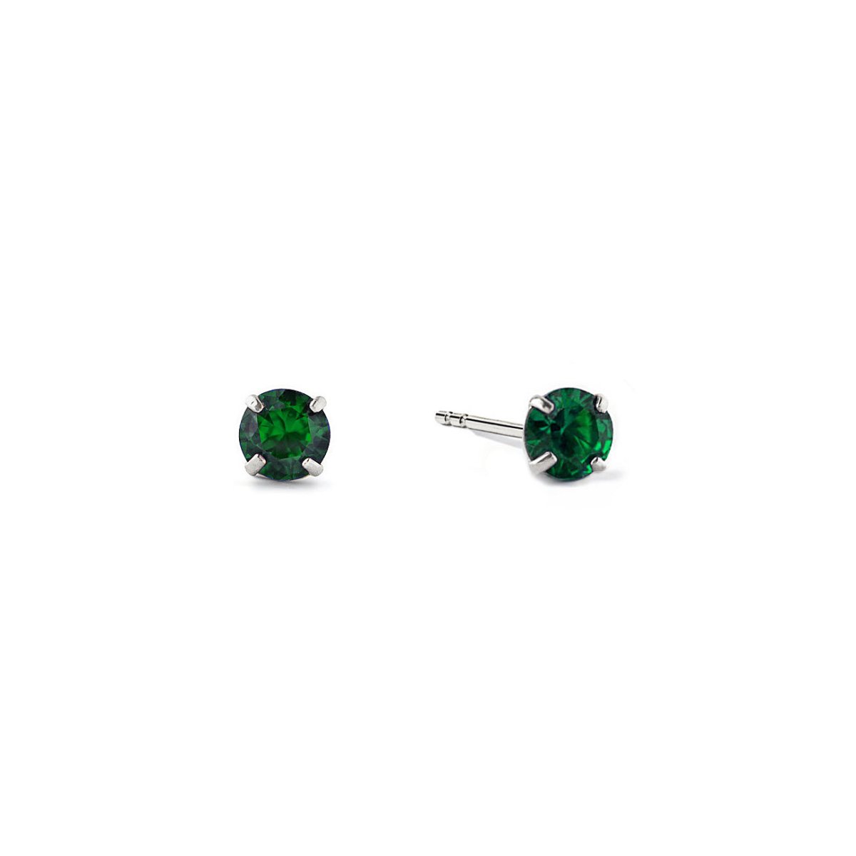 14K white gold emerald tiny studs with round green stones in four-prong settings, on a white background