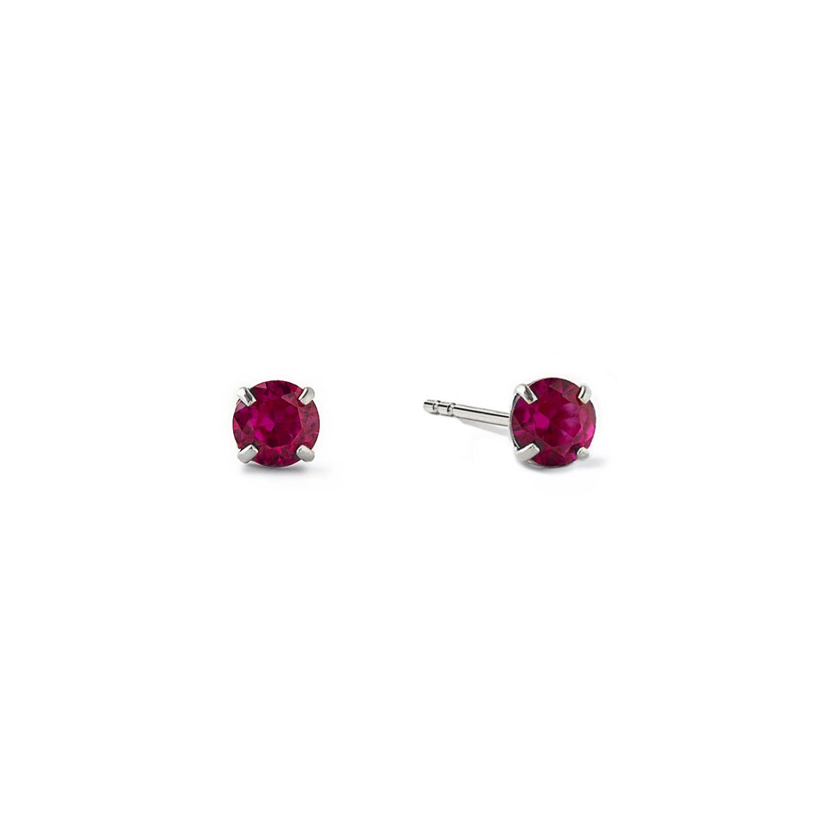 14K white gold ruby tiny studs with round red stones in four-prong settings, on a white background