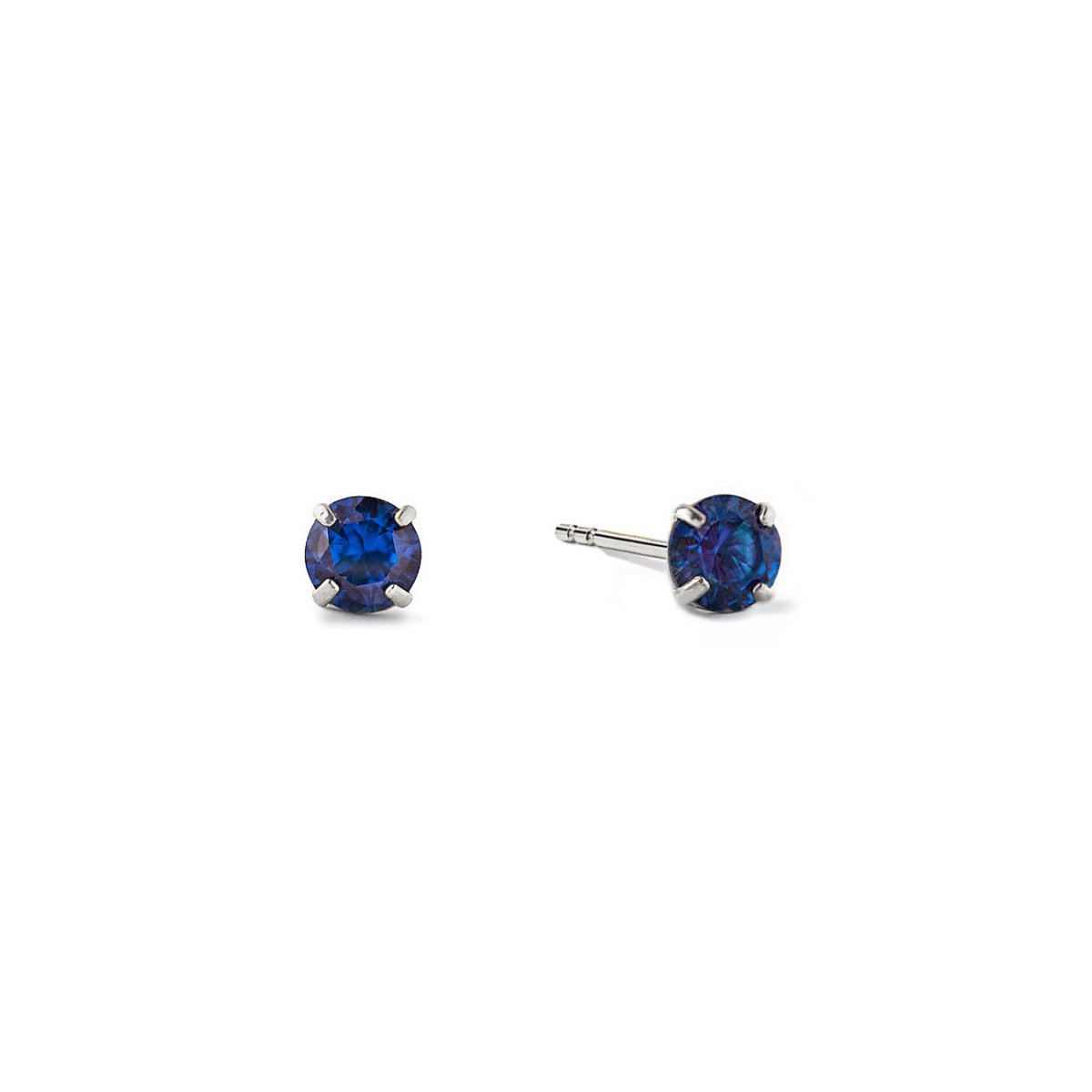 14K white gold blue sapphire birthstone tiny studs with round deep-blue stones, on a white background