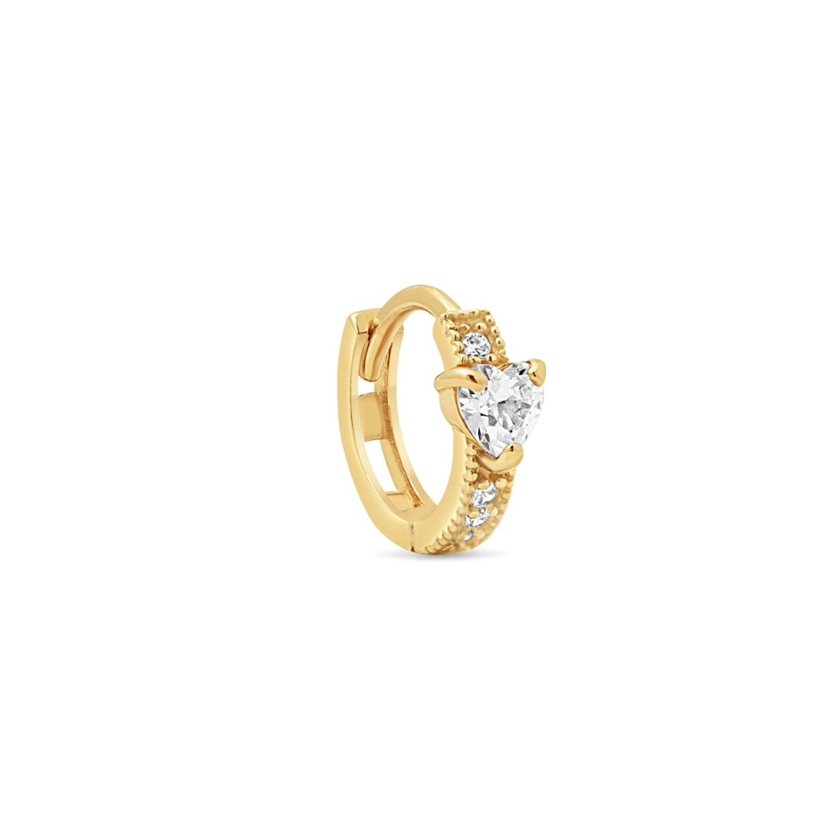 14K gold heart huggie hoop with a clear zirconia heart stone and pavé band, on a white background