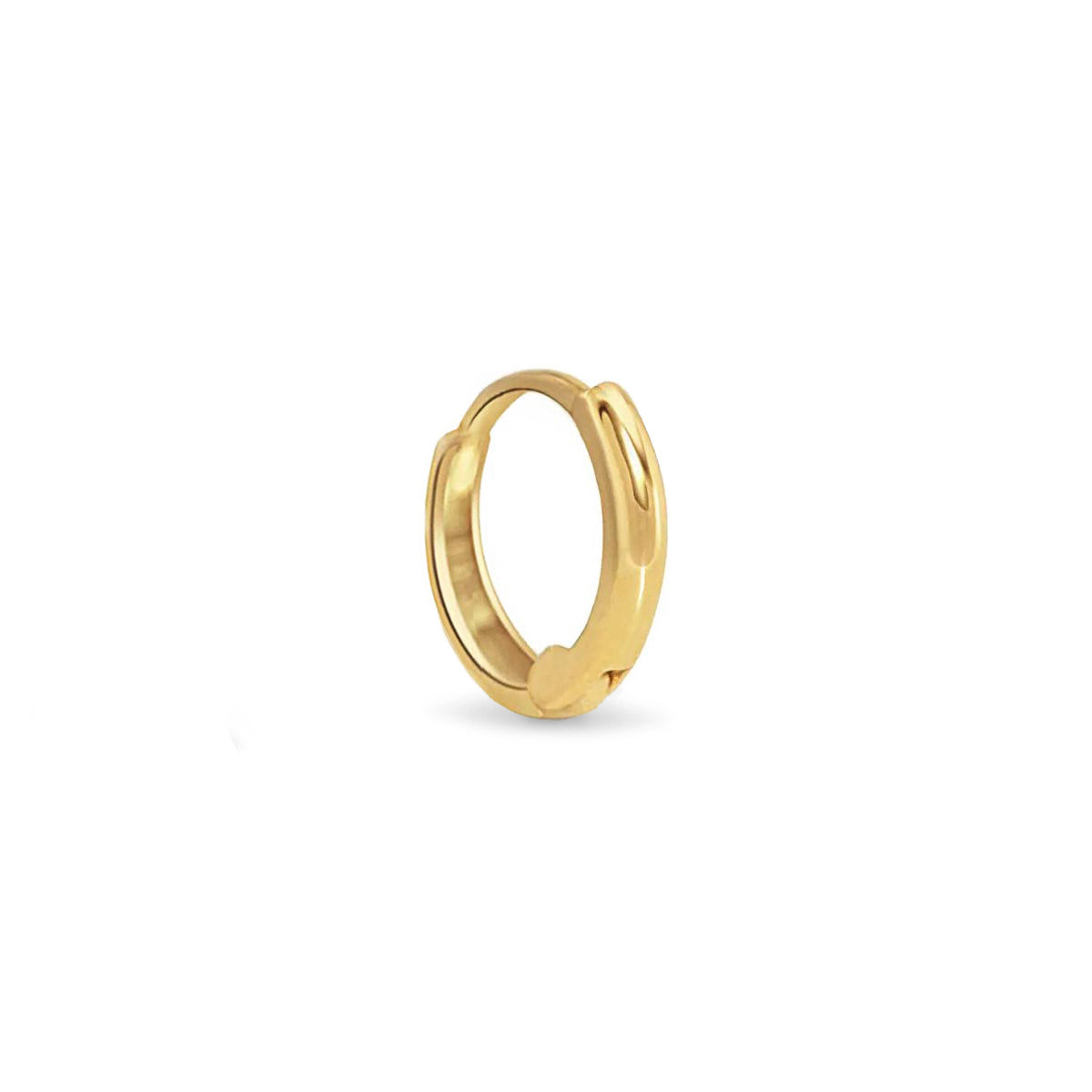 14K gold thin mini huggie hoop with a hinged closure, on a white background