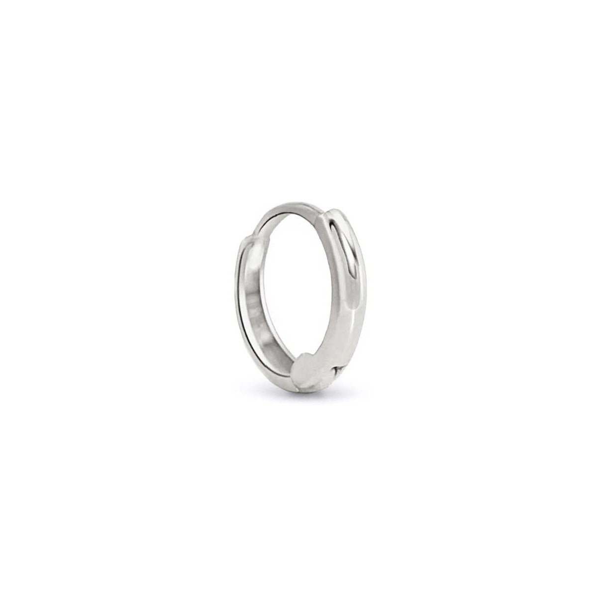 14K white gold thin mini huggie hoop with a hinged closure, on a white background