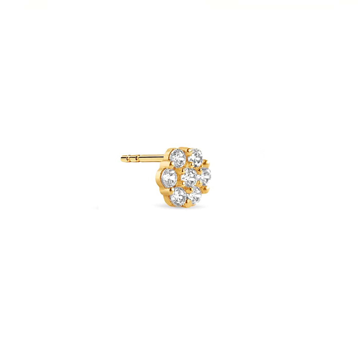14K gold pavé disc stud with a cluster of round clear stones, on a white background