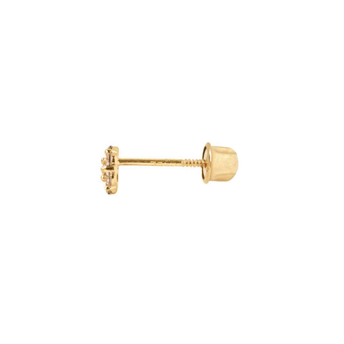 14K gold pavé disc stud with clear stones, side view of the screw-back post on a white background
