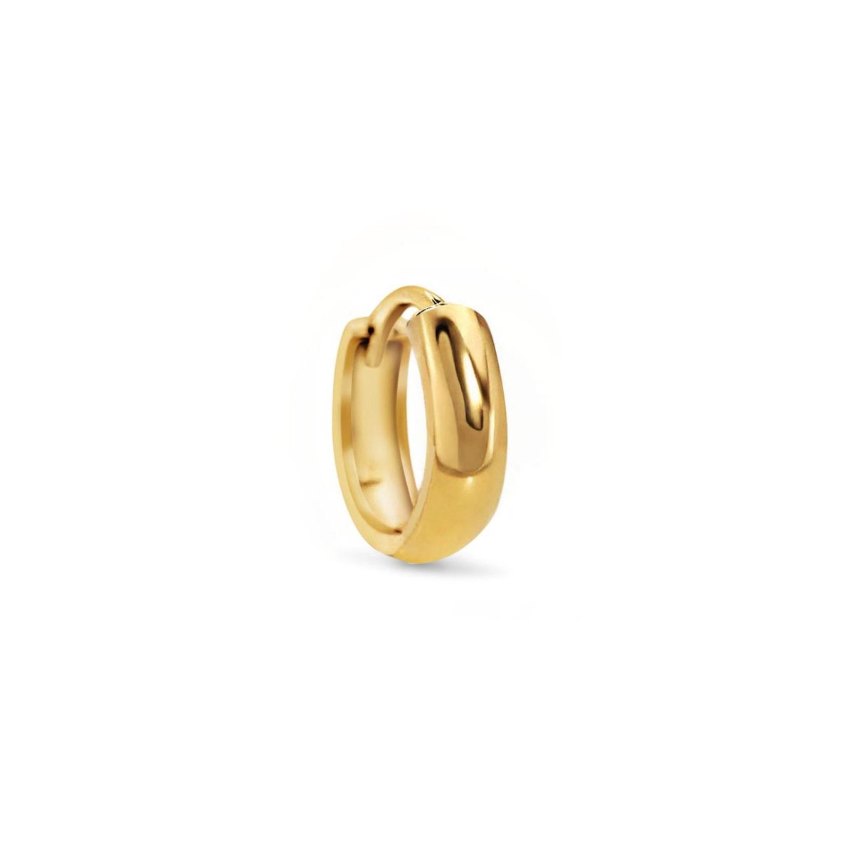 14K gold single huggie hoop with a wide tapered band, on a white background