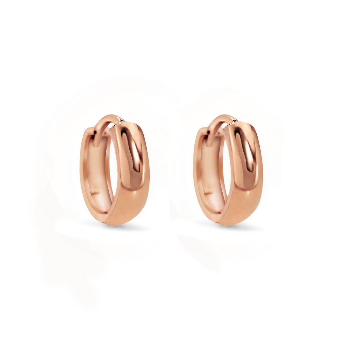 14K rose gold thick huggie hoop earrings with a hinged closure, on a white background
