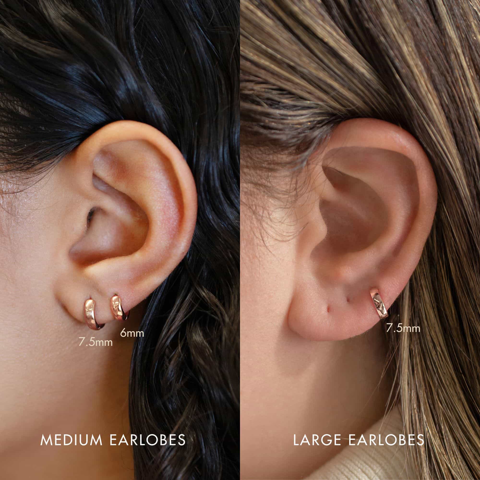 14K rose gold single huggie hoops, size comparison 6mm and 7.5mm on lobes
