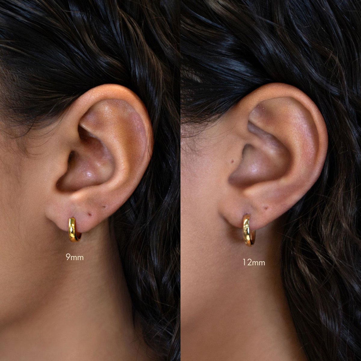 14K gold mini huggie hoops, size comparison 9mm and 12mm shown on a model's lobe