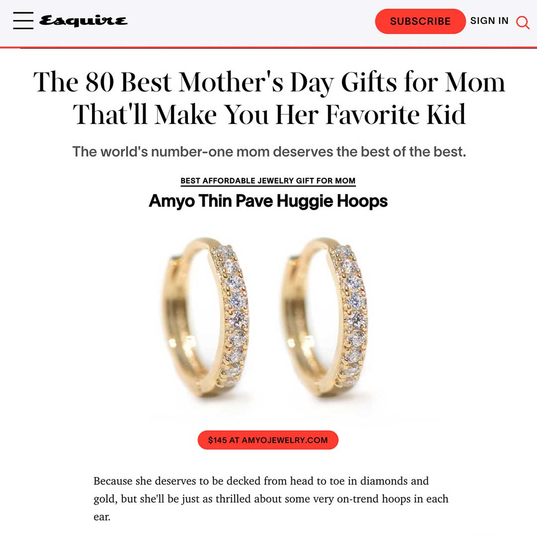 14K rose gold pavé moissanite huggie hoops shown in an Esquire gift-guide feature on a white background