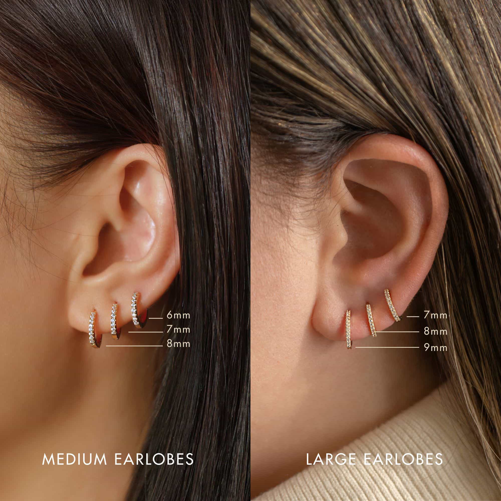 Gold pavé huggie hoops with clear stones size comparison on medium and large model lobes