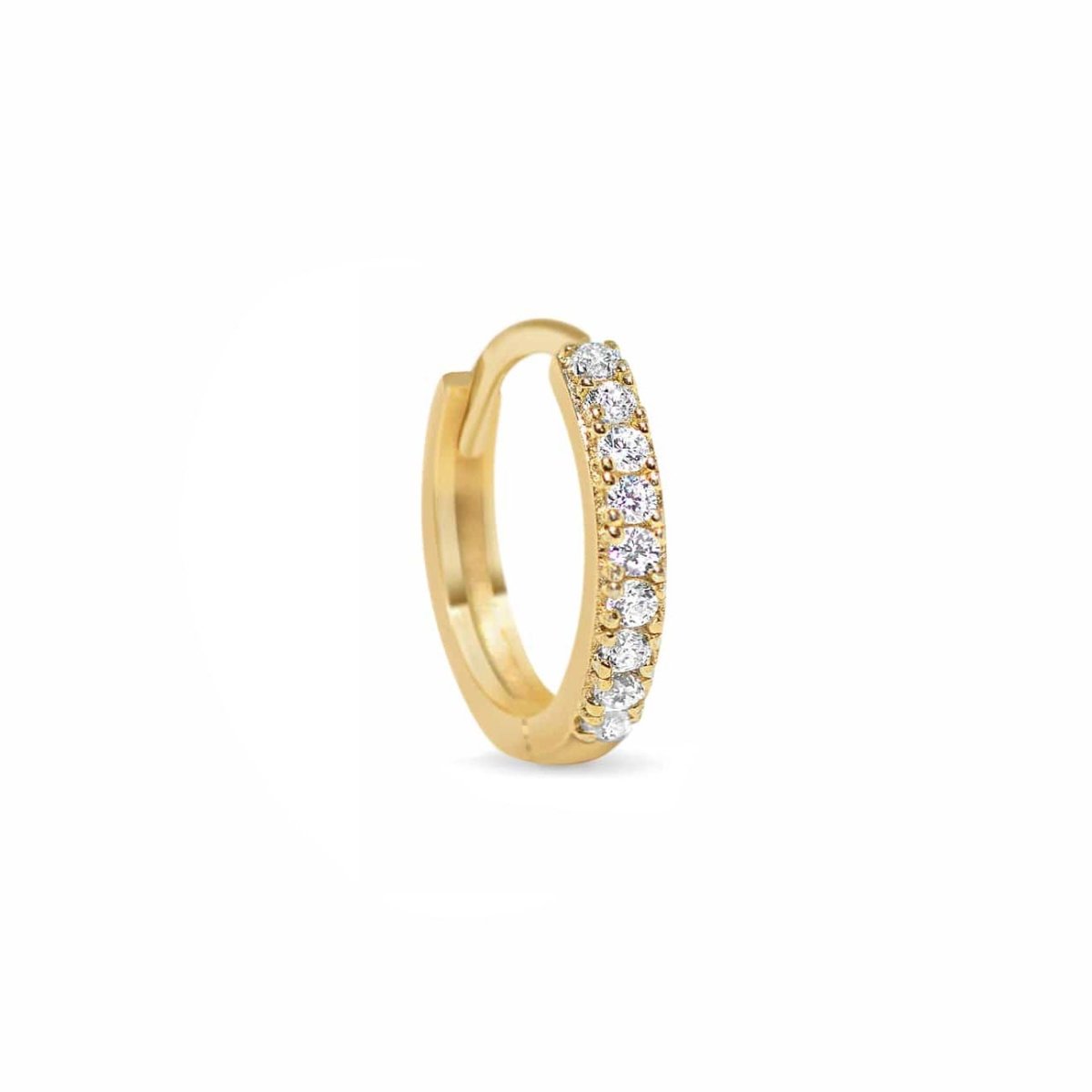 14K gold pavé huggie hoop with round moissanite stones, on a white background
