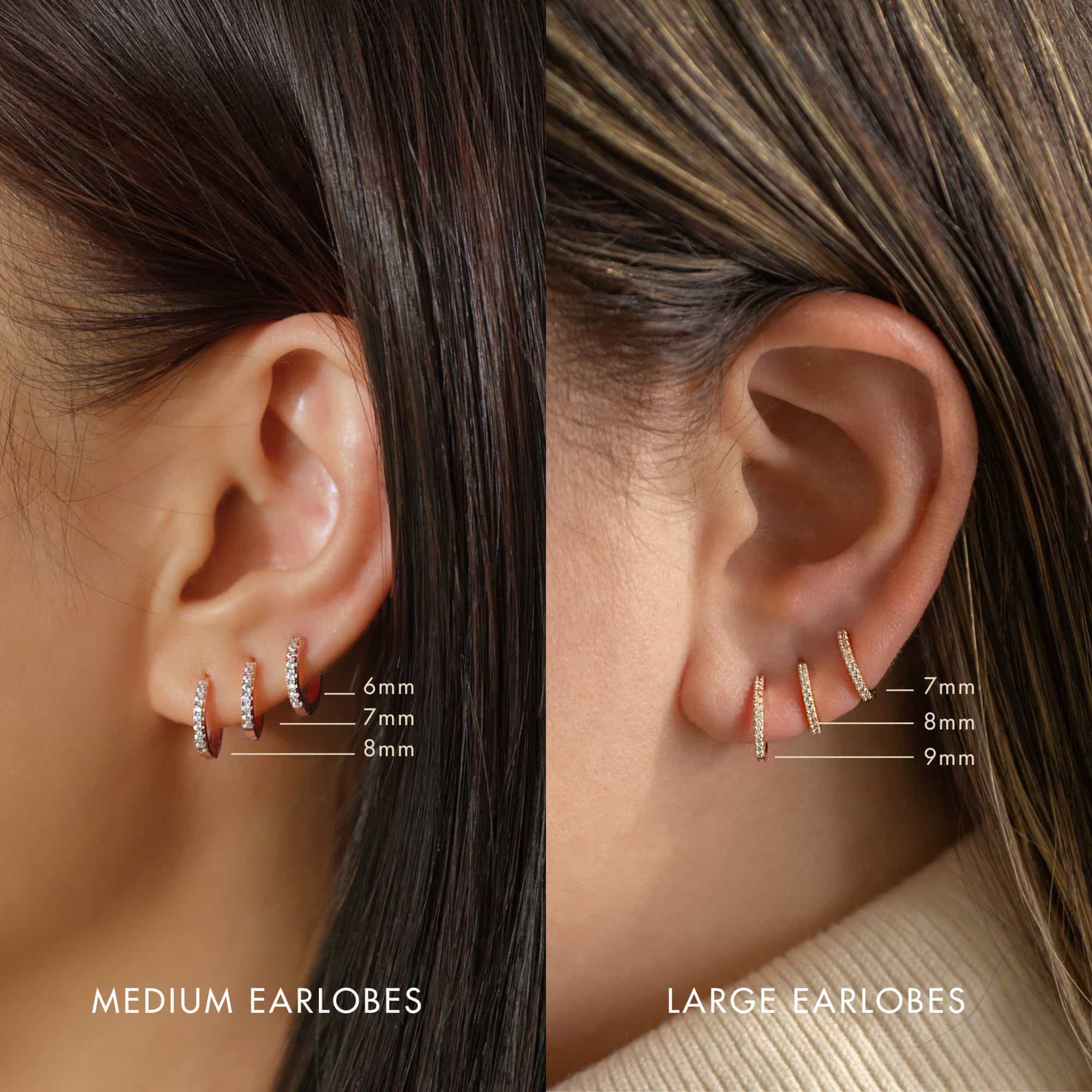 Rose gold pavé huggie hoops with clear stones size comparison on medium and large model lobes
