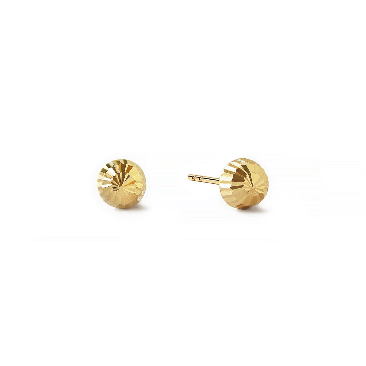 Pair of 14K gold faceted ball studs with a diamond-cut finish, on a white background