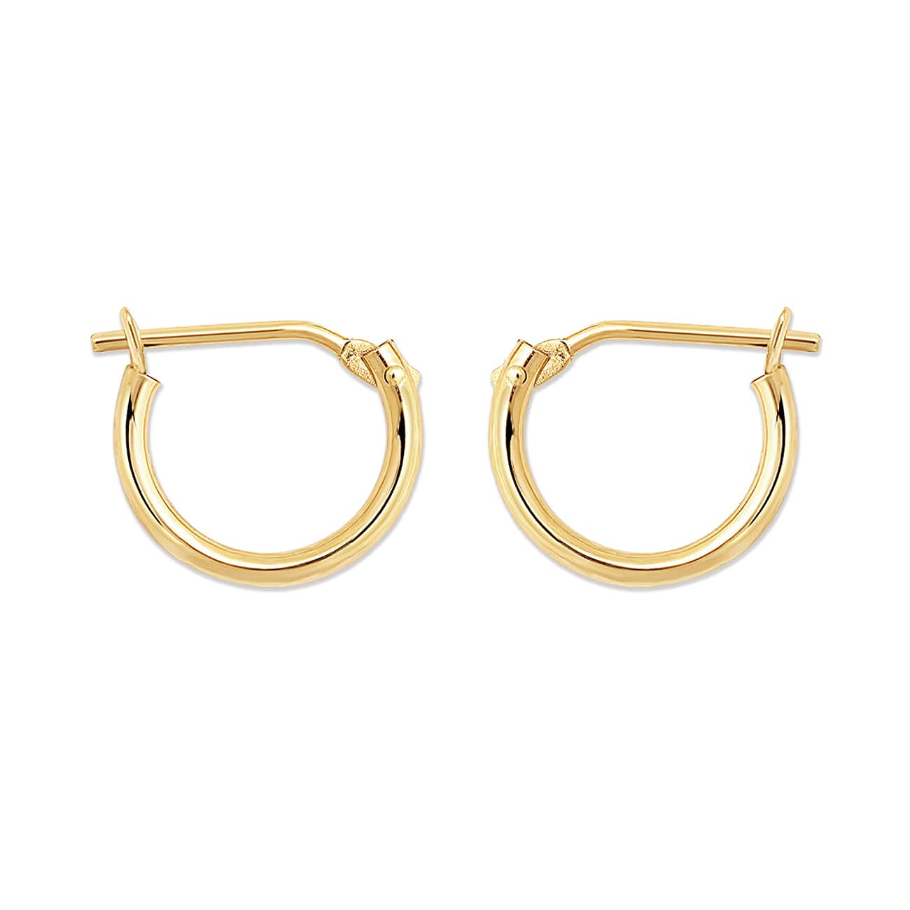 14K gold thin tube huggie hoop earrings with a hinged closure, on a white background