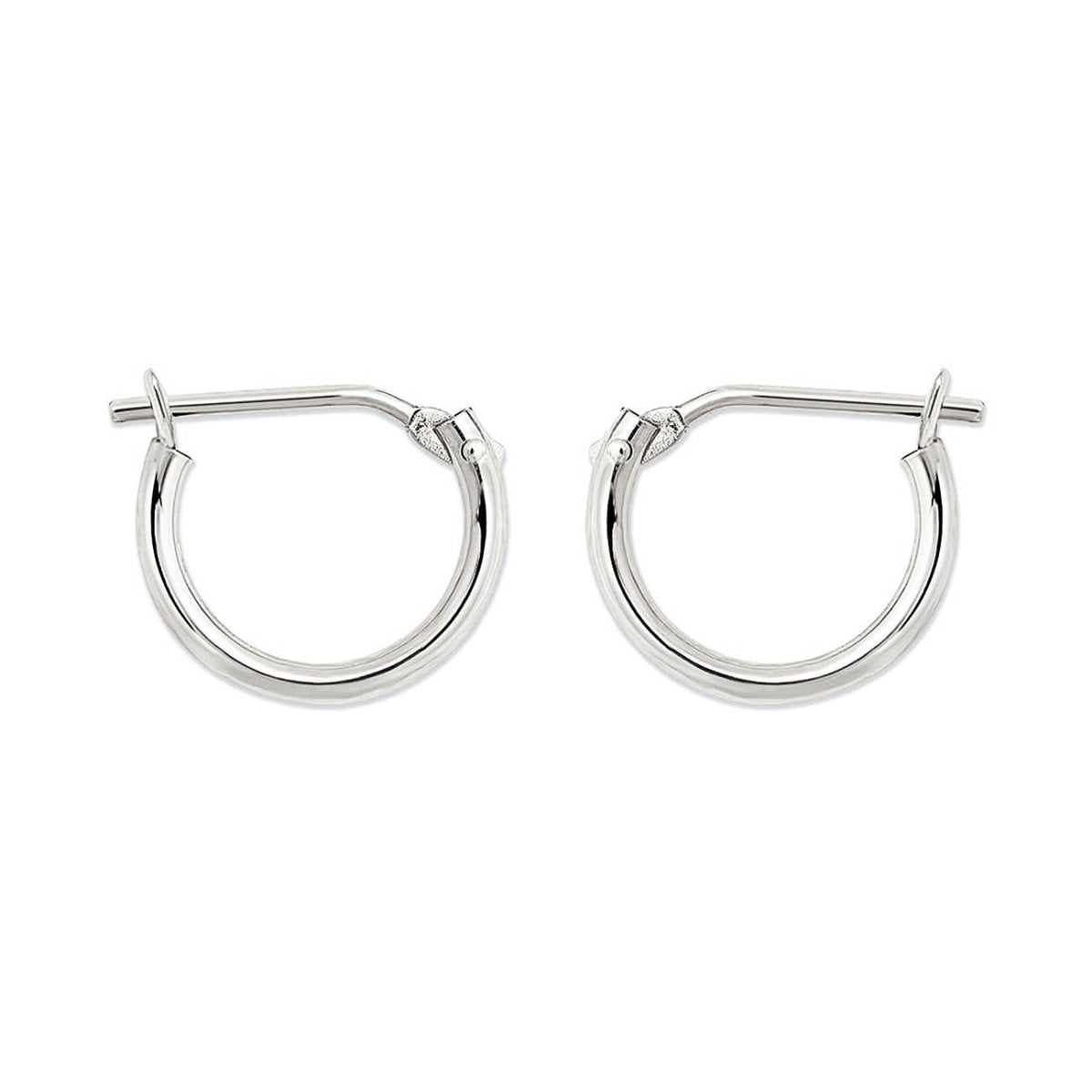 14K white gold thin tube huggie hoop earrings with a hinged closure, on a white background