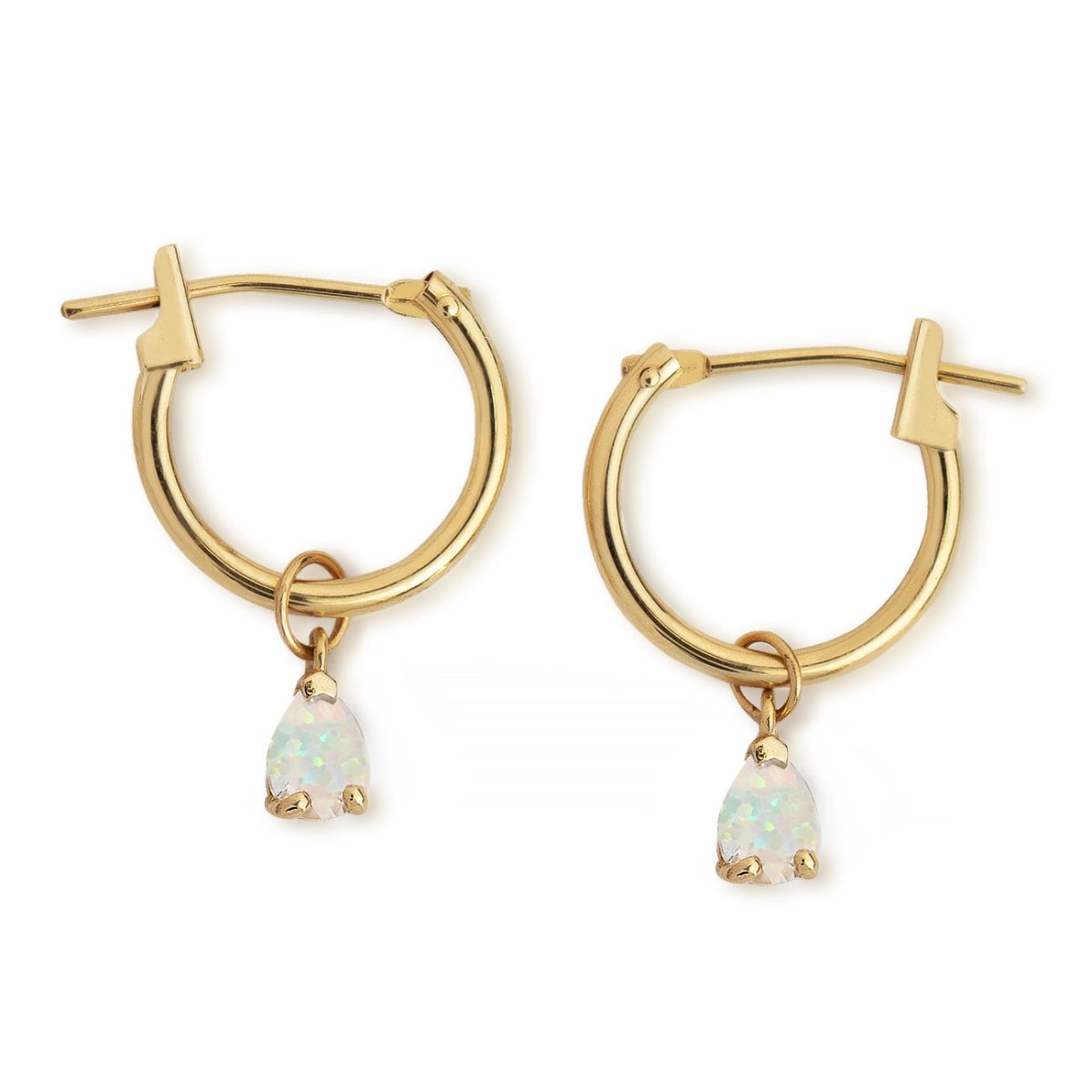 Gold huggie hoops with dangling white opal pear drops, on a white background