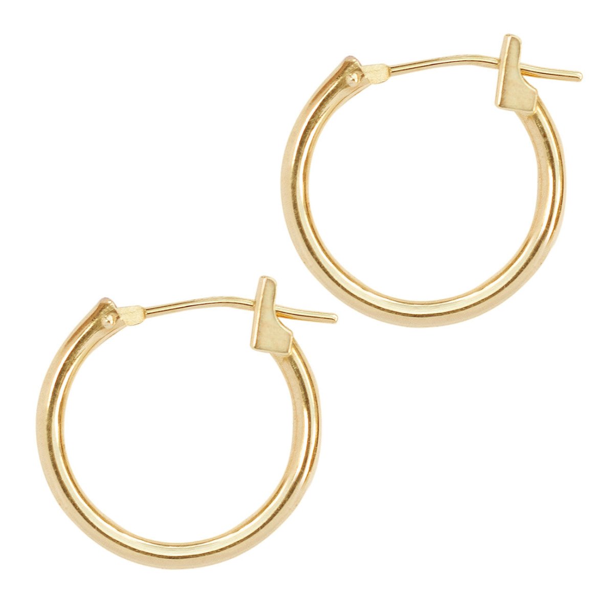 14K gold thin hoop earrings with a hinged click closure, on a white background