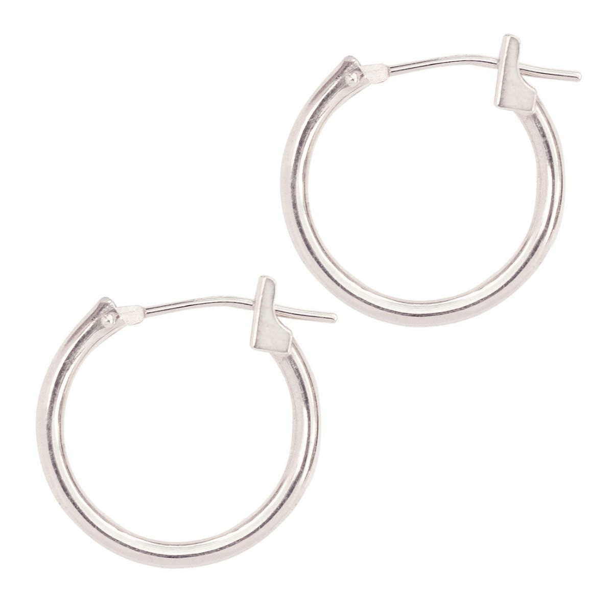 14K white gold thin hoop earrings with a hinged click closure, on a white background