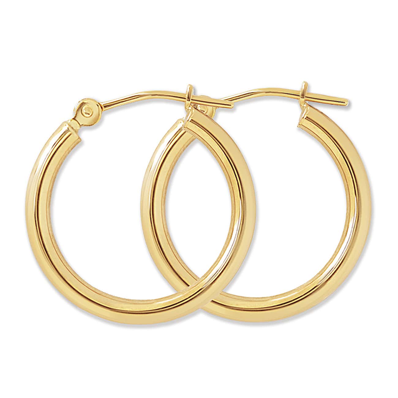 14K gold thin tube hoop earrings with hinged closures, on a white background