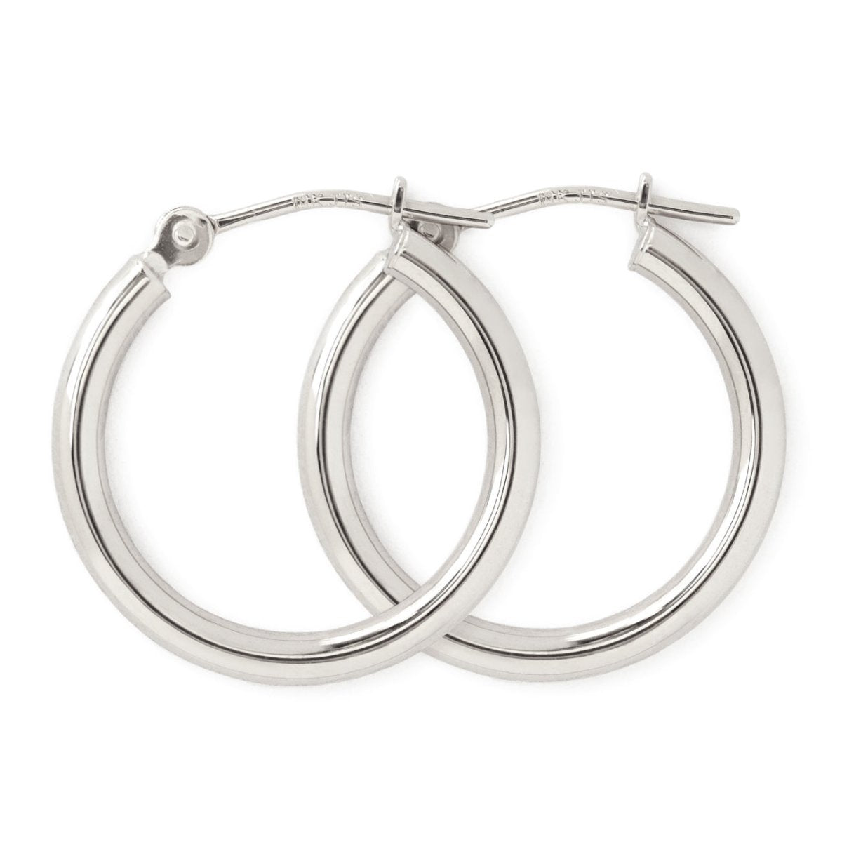 14K white gold thin tube hoop earrings with hinged closures, on a white background