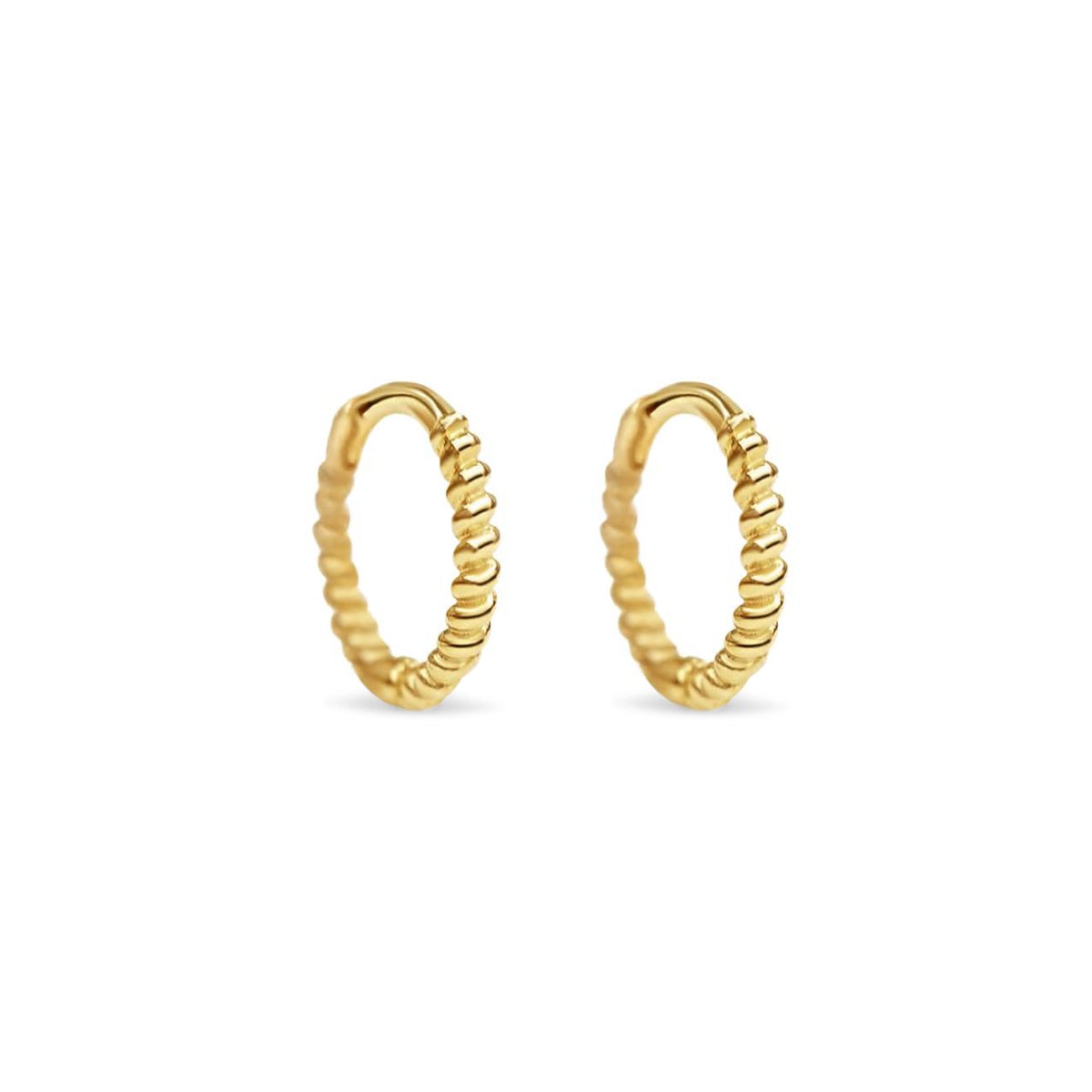 Pair of gold vermeil twisted rope huggie hoops, on a white background