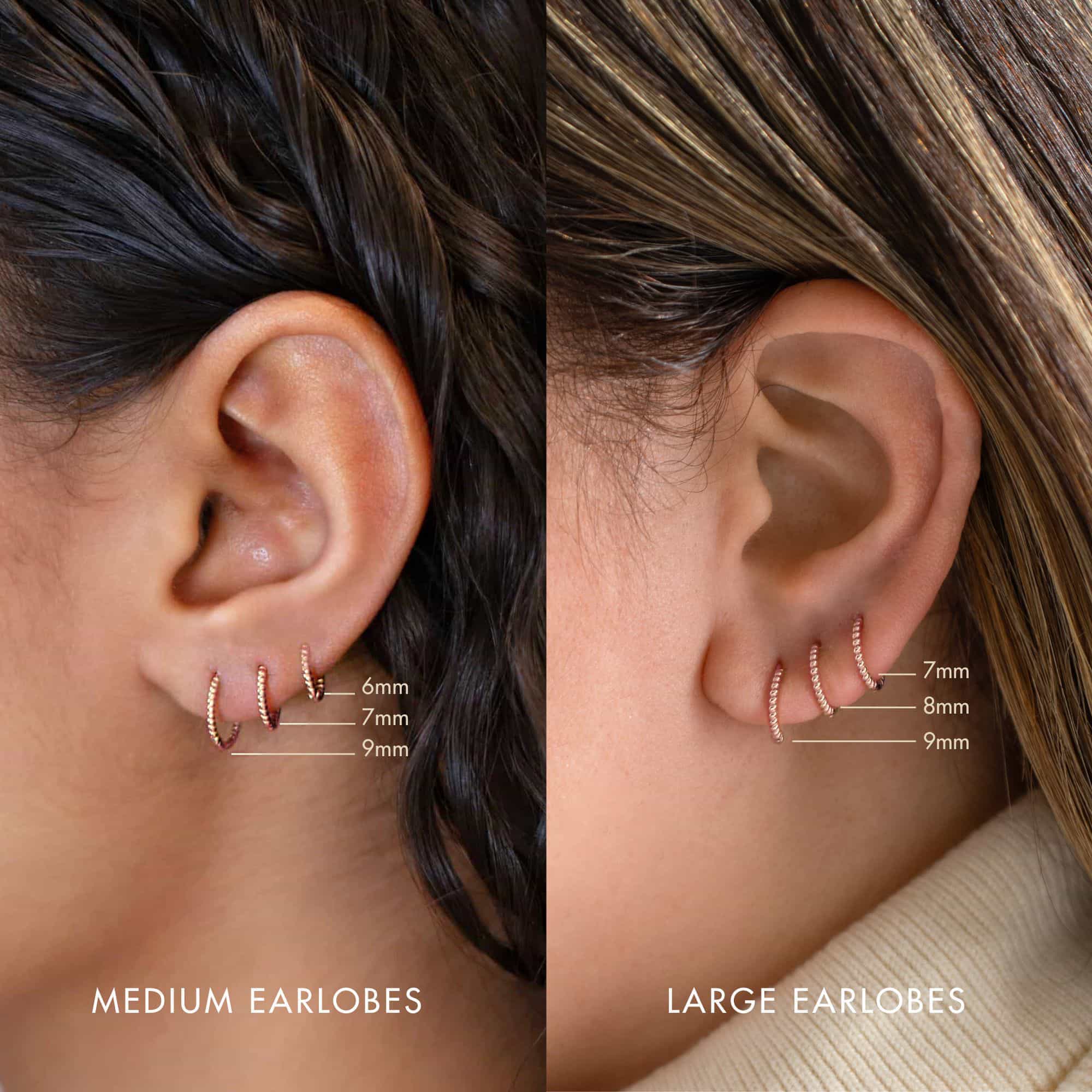 Rose gold twisted rope huggie hoops size comparison, 6mm, 7mm and 9mm, on medium and large model lobes