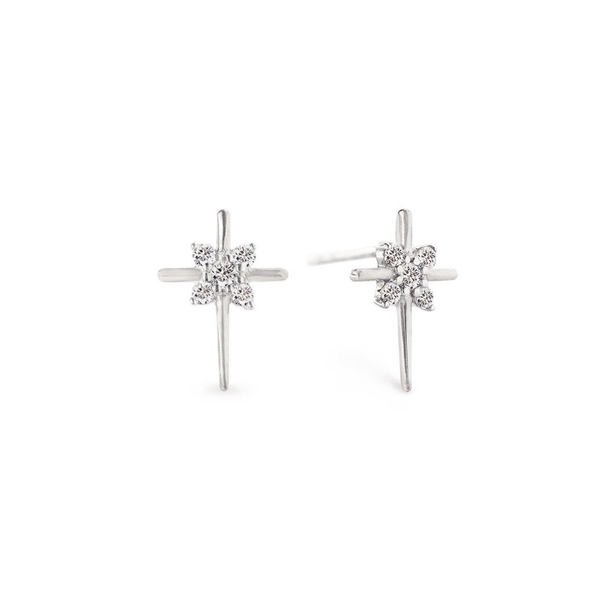 Pair of 14K white gold thin cross stud earrings with clear zirconia stones, on a white background