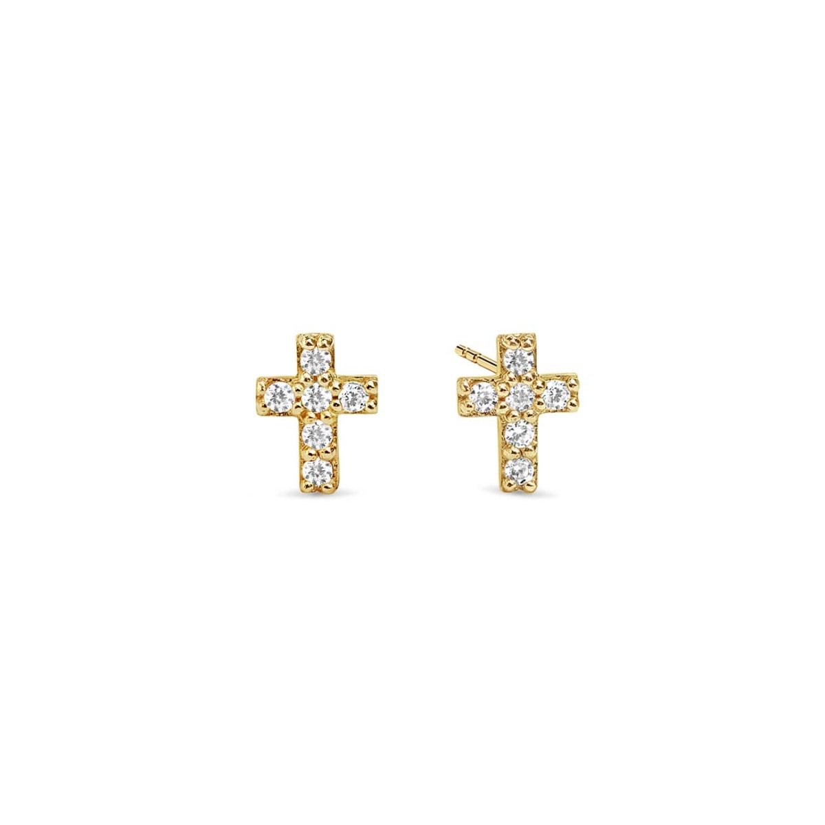 Gold vermeil cross studs paved with white zirconia, pair shown front and side, on a white background