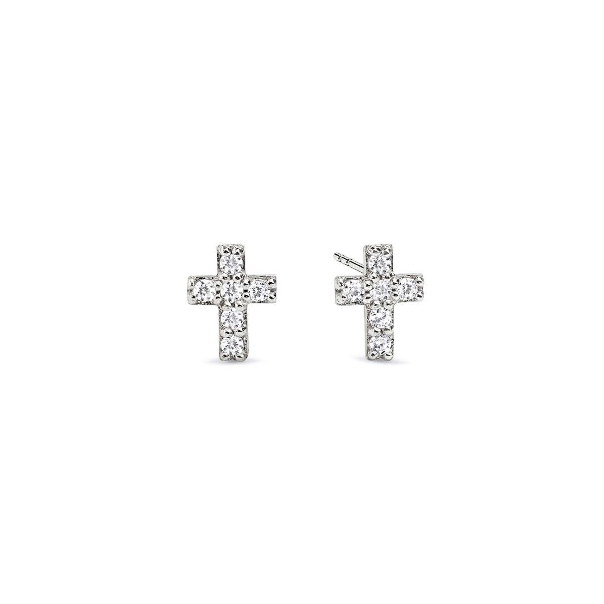 Sterling silver cross studs paved with white zirconia, pair shown front and side, on a white background