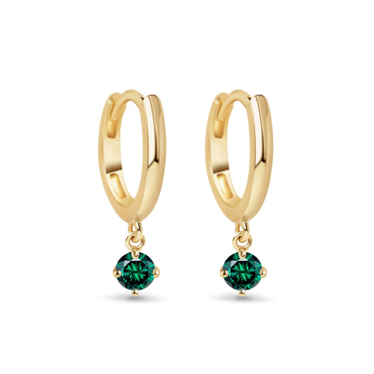 14K gold huggie hoops with a round green emerald drop, on a white background