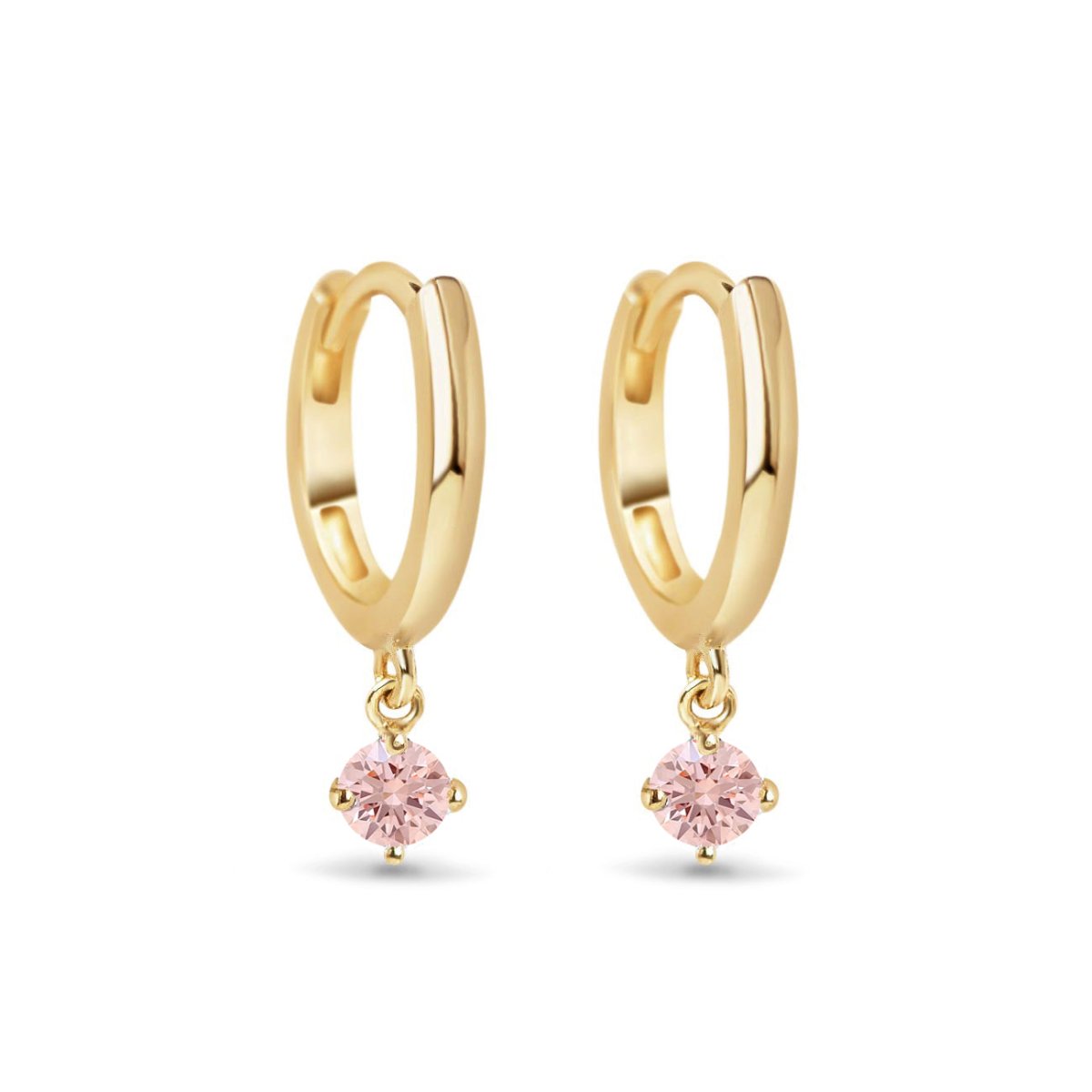 14K gold huggie hoops with a round pink sapphire drop, on a white background