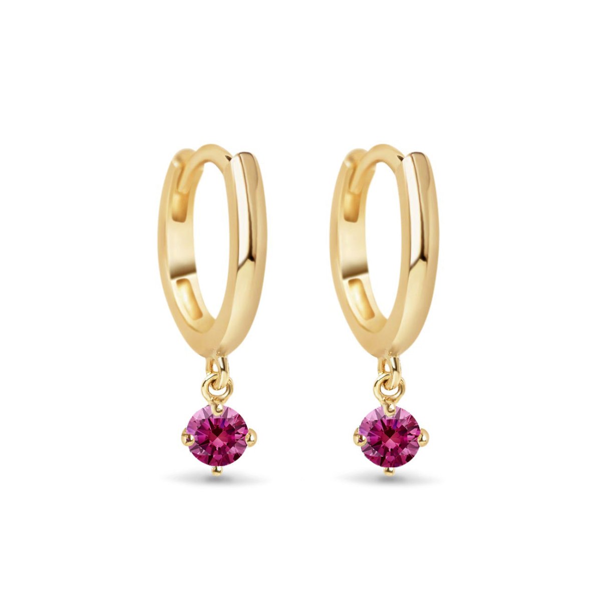 14K gold huggie hoops with a round red ruby drop, on a white background